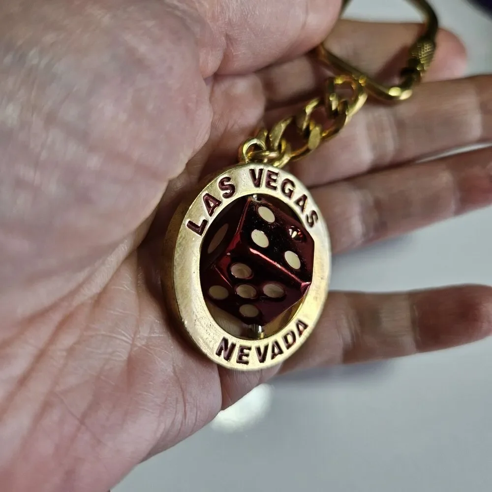 Las Vegas Gold Tone Nevada Souvenir spinning Dice keyring chain keychain 1.5